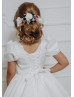 Short Sleeves Ivory Pleated Satin Flower Girl Dress